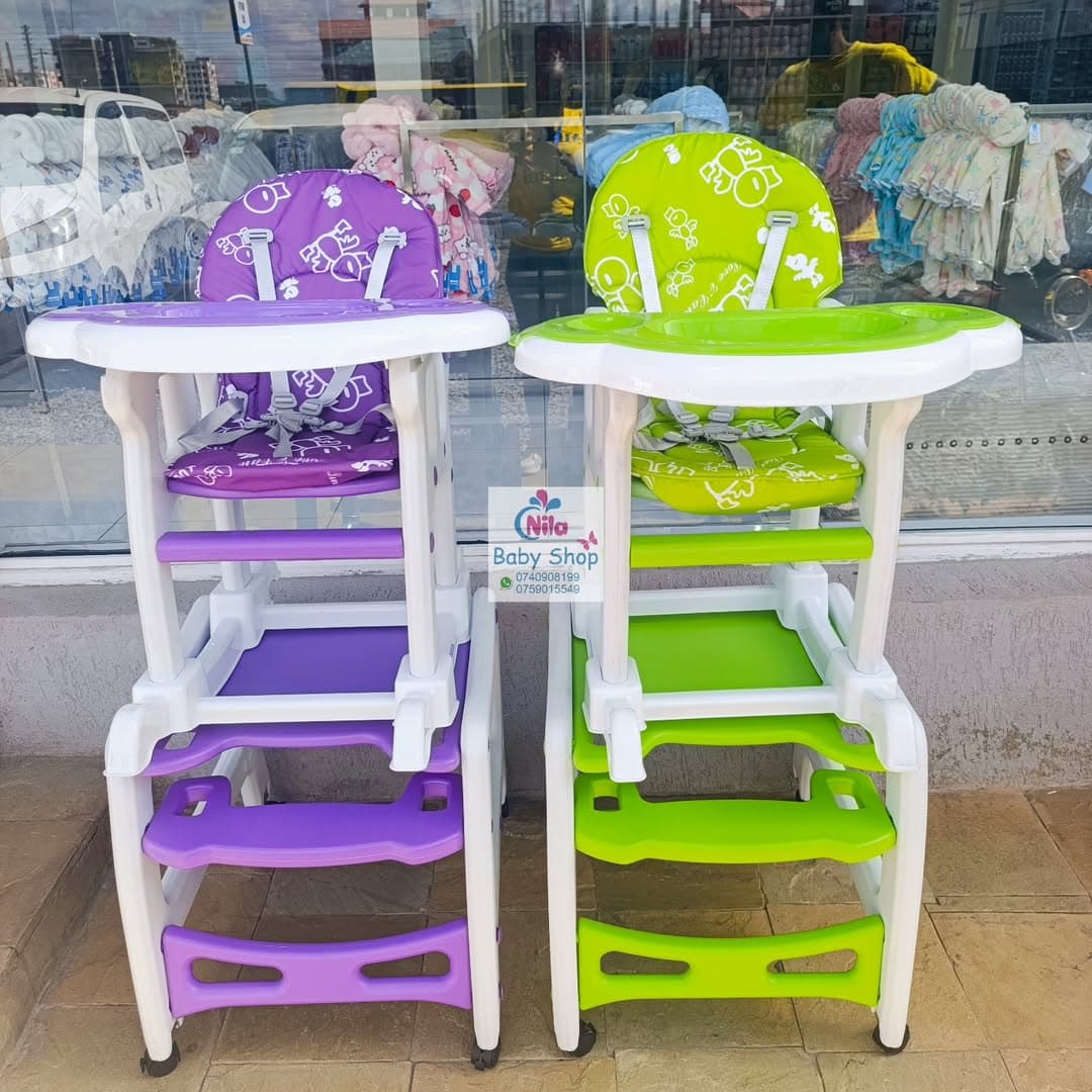 Multi-Function Baby Feeding Chair & Toddler Table Set with Safety Harness and Wheels