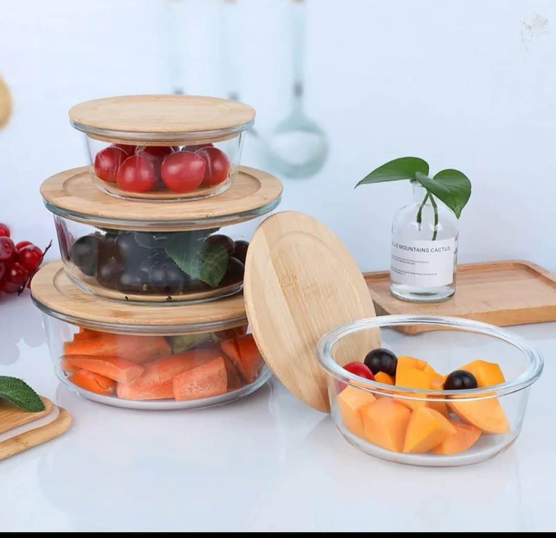 3pcs round glass food storage container/ snack box with bamboo lids