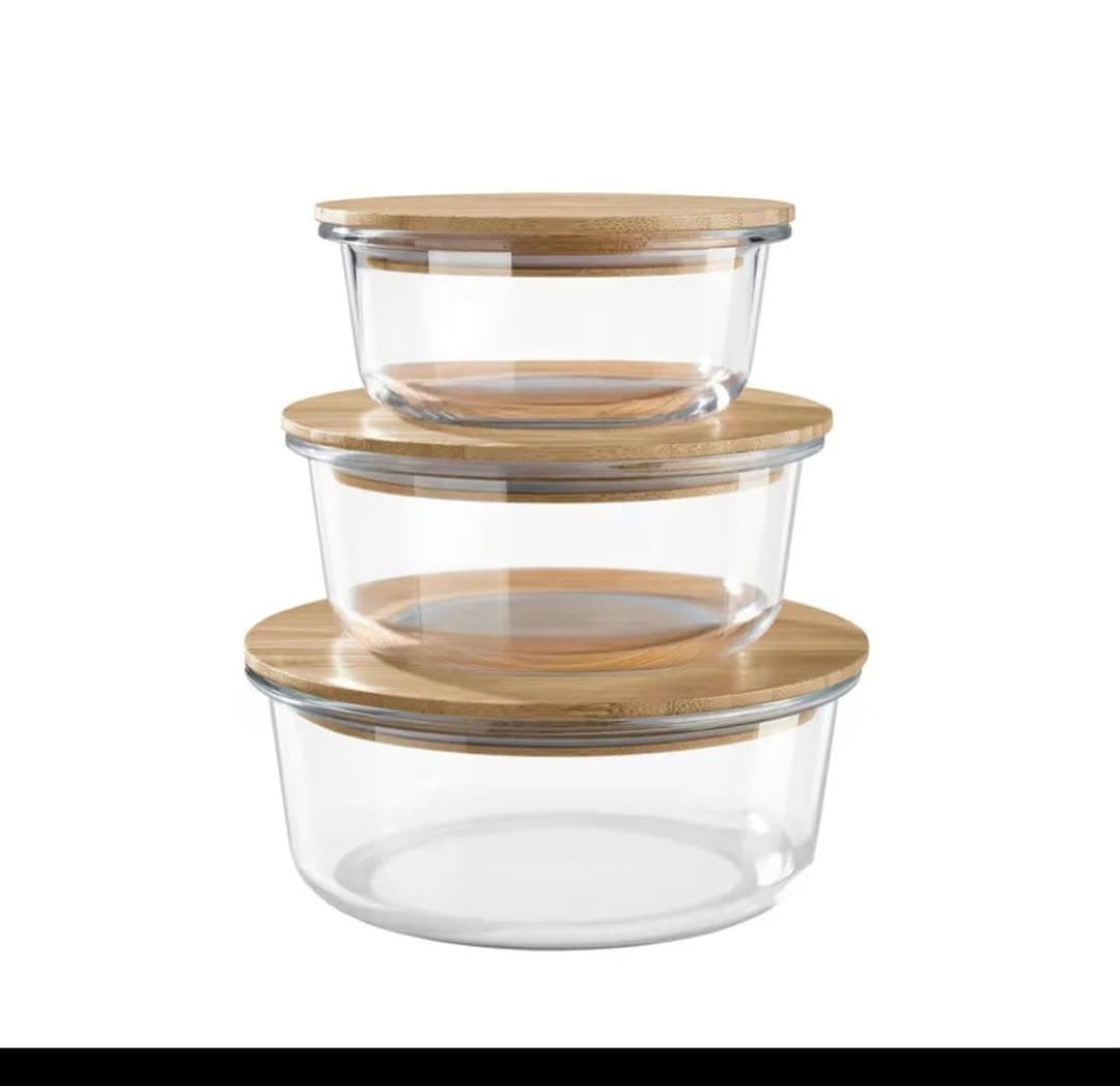 3pcs round glass food storage container/ snack box with bamboo lids