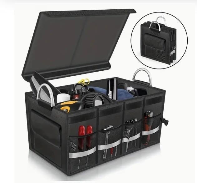 Premium Heavy Duty Car Boot Organizer With Lid, Partitions & Aluminum Handle.