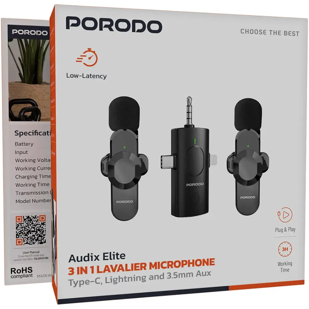 Porodo Audix Elite 3 In 1 Lavalier MicrophonE